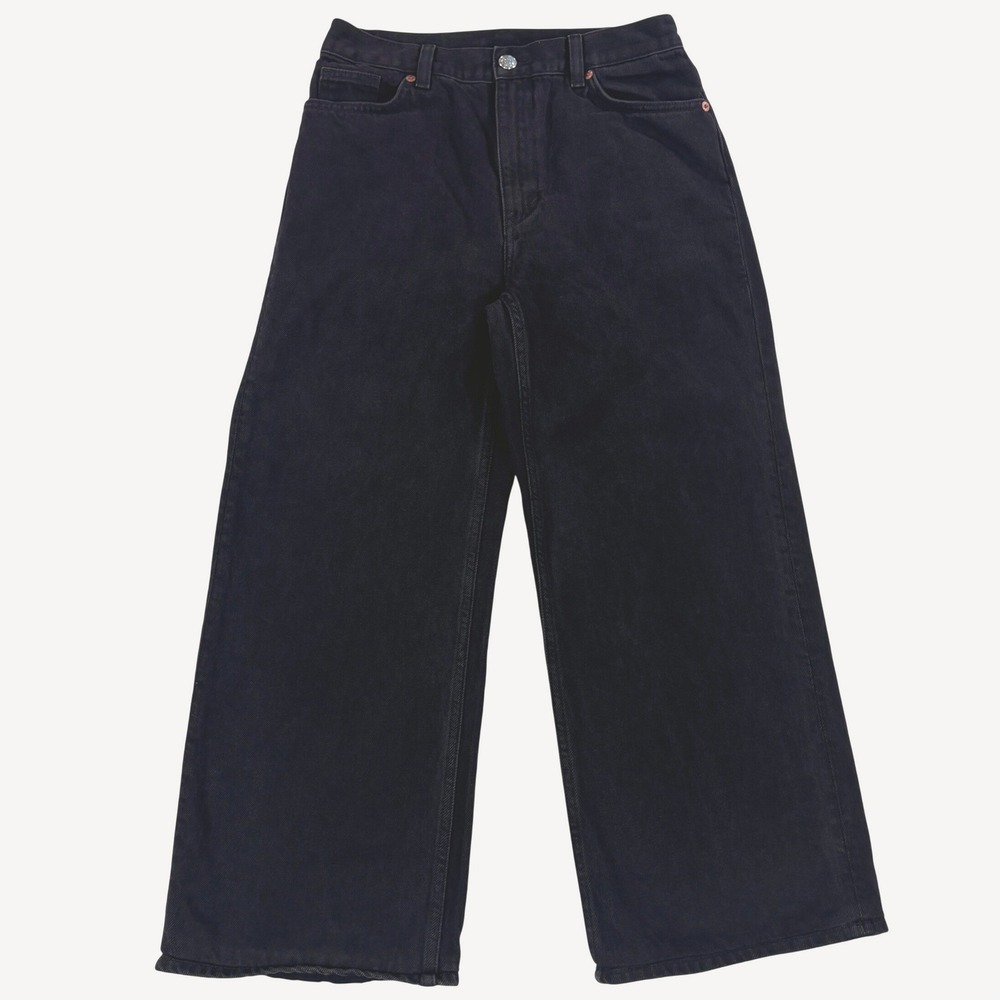 Monki Yoko Ankle Jeans Black Cotton High Waist Wide Leg Denim Womens 28x24